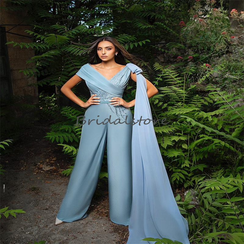 Graceful Blue Jumpsuit Evening Dress Chic V Neck Sequin Prom Dress Turkey Arabic Dubai Formal Occasion Birthday Vestido De Novia Pant Suit Abaya Party