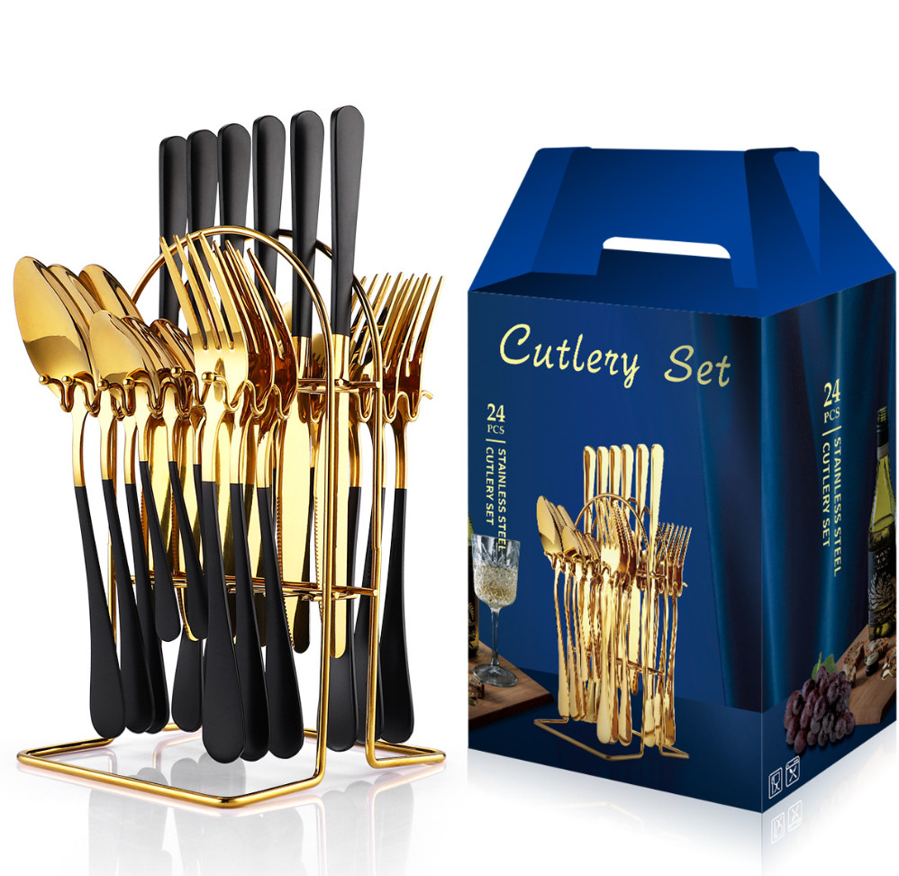 The latest 24-piece tableware set wooden box stainless steel tableware, many styles to choose from, any logo can be customized