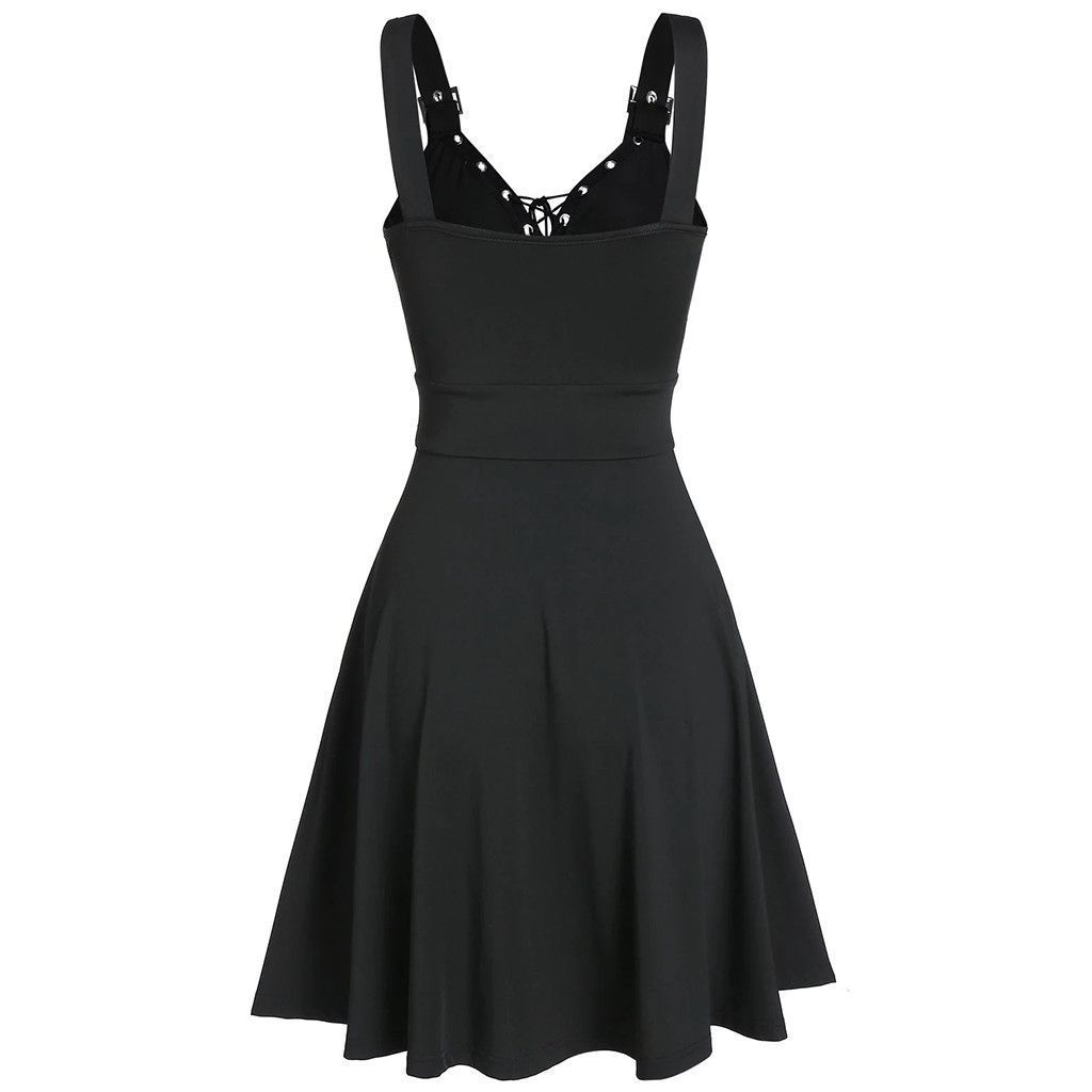 Women's Summer Casual Dress Sleeveless V Neck Gothic Dress Tiered A Line Flowy Wrap Dress