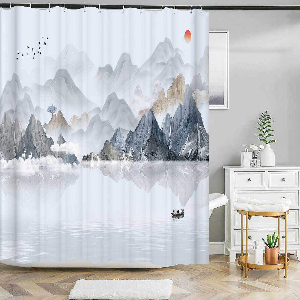 Shower Curtains 3d Printing Chinese Flower Bird Ink landscape Shower Curtain Bathroom Waterproof Bath Curtain With Washable Cloth Decor R230829