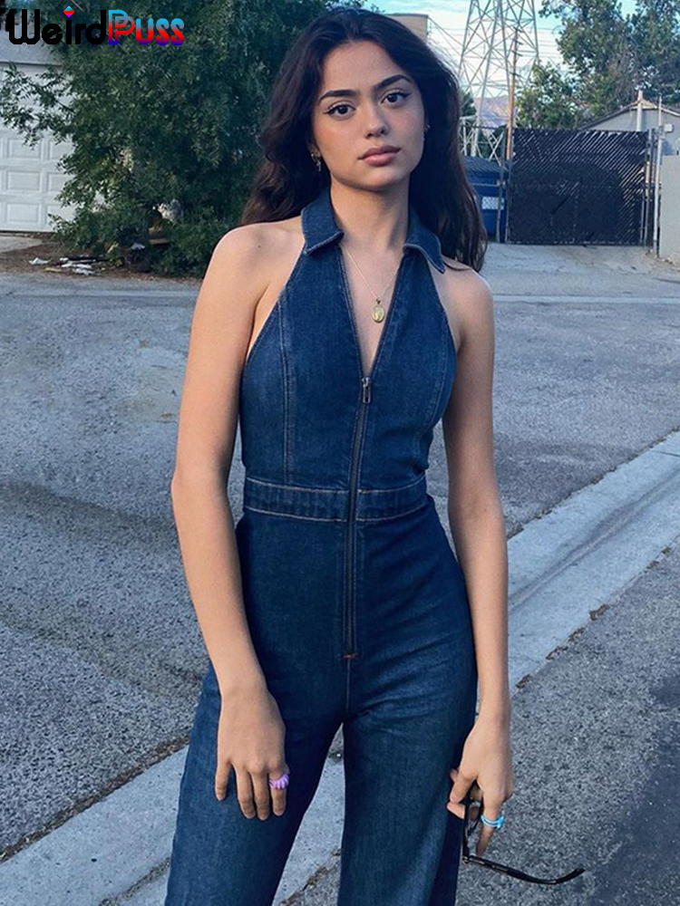 Women's Jumpsuits Rompers Weird Puss Cotton Elegant Denim Jumpsuit Women Sleeveless Zipper Fashion Hipster Casual High Street Wide Legs Activewea
