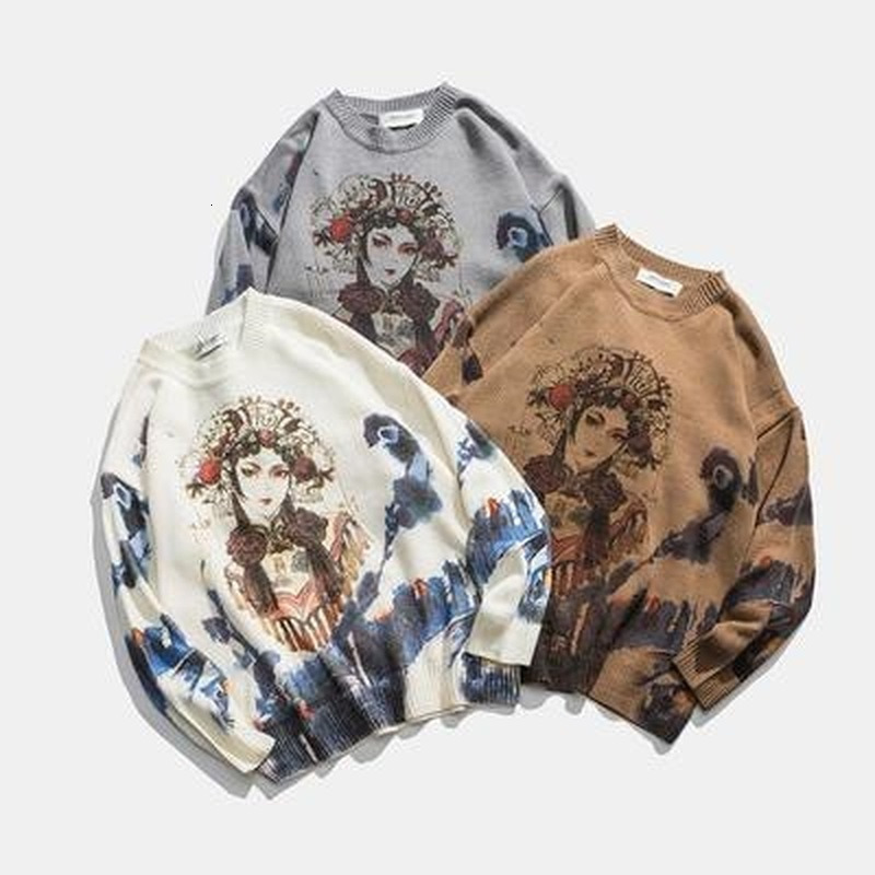 Men's Sweaters Autumn Chinese Style Printed Dyed Pullover Sweater Loose Retro National Beijing Opera Top Couple Unisex Jumpers Streetwear 230828
