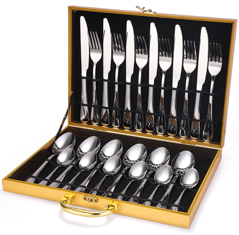 The latest 24-piece tableware set wooden box stainless steel tableware, many styles to choose from, any logo can be customized