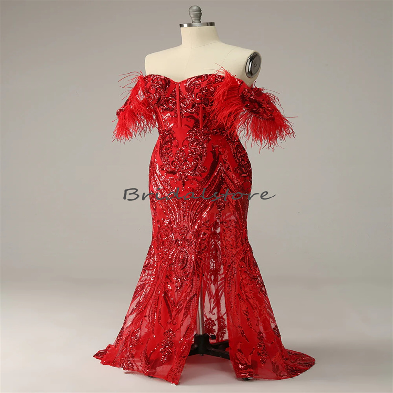 Glitter Red Sequins Evening Dress Sexy Mermaid Feather Prom Dress With Slit Elegant Formal Women Birthday Party Wear Graduations Occasio Pageant Gown 