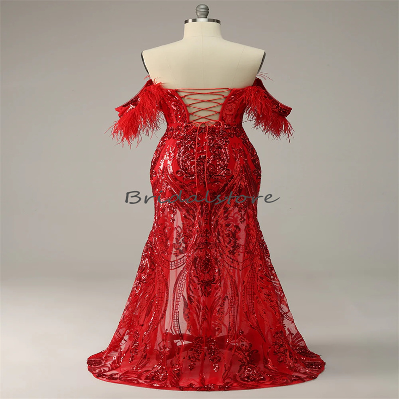 Glitter Red Sequins Evening Dress Sexy Mermaid Feather Prom Dress With Slit Elegant Formal Women Birthday Party Wear Graduations Occasio Pageant Gown 