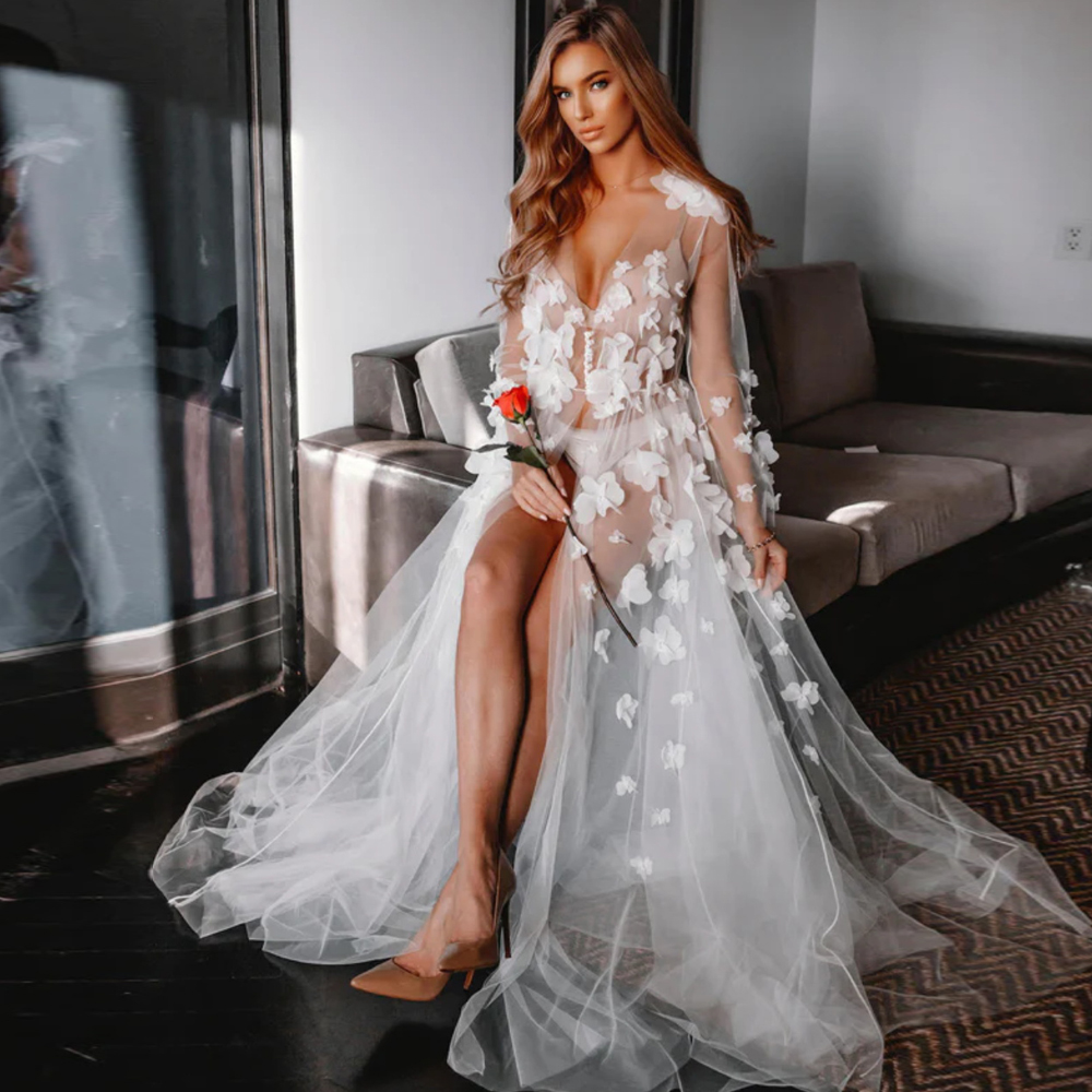 Modern White 3D Flower Bridal Robe for Wedding See Through Front Button Women Bathrobes V Neck Long Sleeve Wedding Party Sleepwear Lingerie Dressing K