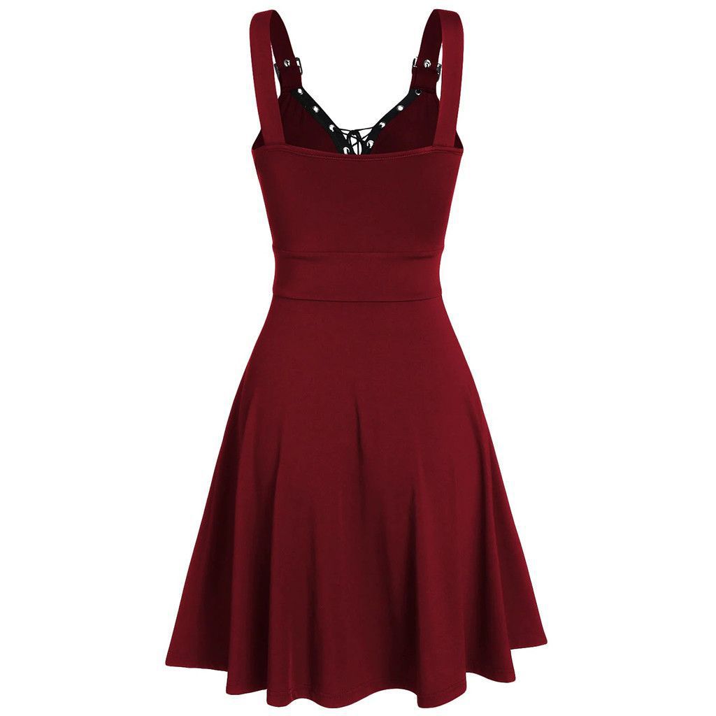 Women's Summer Casual Dress Sleeveless V Neck Gothic Dress Tiered A Line Flowy Wrap Dress