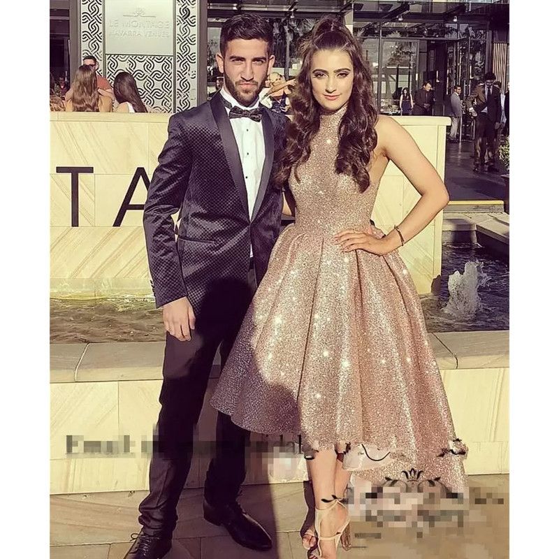 Rose Pink Halter Homecoming Dresses Custom Made A Line High Low Plunging Sequins Cocktail Party Gowns Short Prom Dress Glitter Birthday Dress