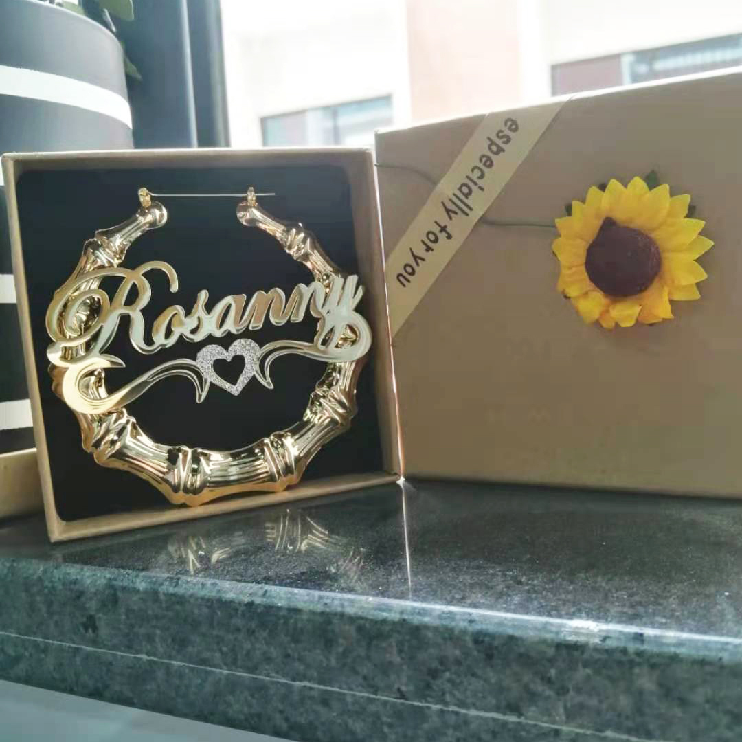 Hoop Huggie Custom Hoop Bamboo Names Earrings with Bling Heart Name Bamboo Earrings Personalized Letter Big Name Earrings Women Gift 230828