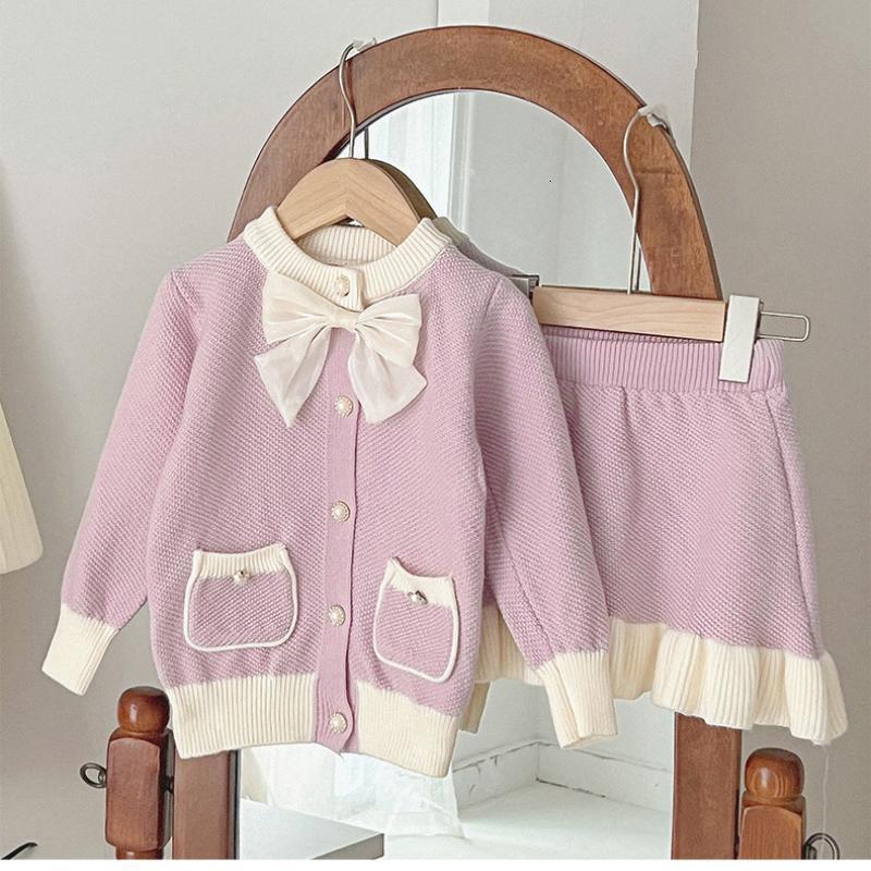Clothing Sets 2023 Autumn Kids Girls Clothes Outfits 2Pcs Single Breastes Solid Coats with Bownot Skirt Child Tracksuit 2 4 6 8Year 230828