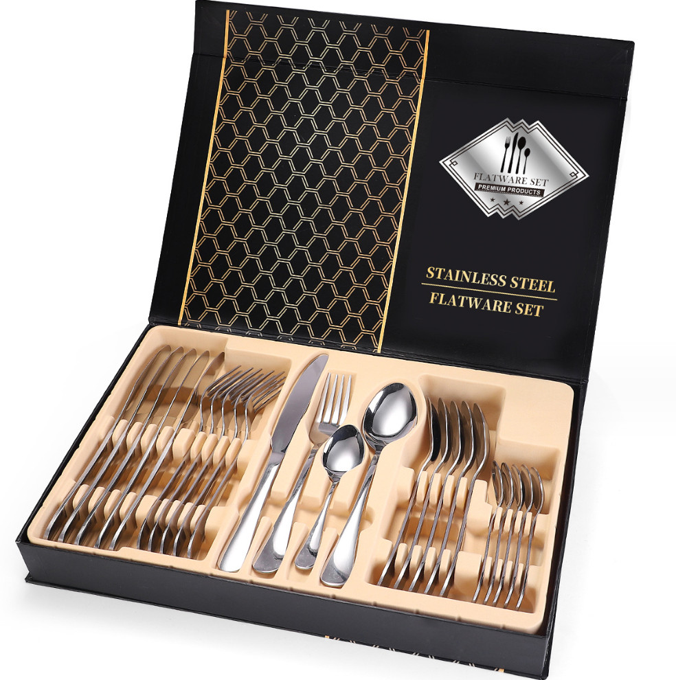The latest 24-piece tableware set wooden box stainless steel tableware, many styles to choose from, any logo can be customized