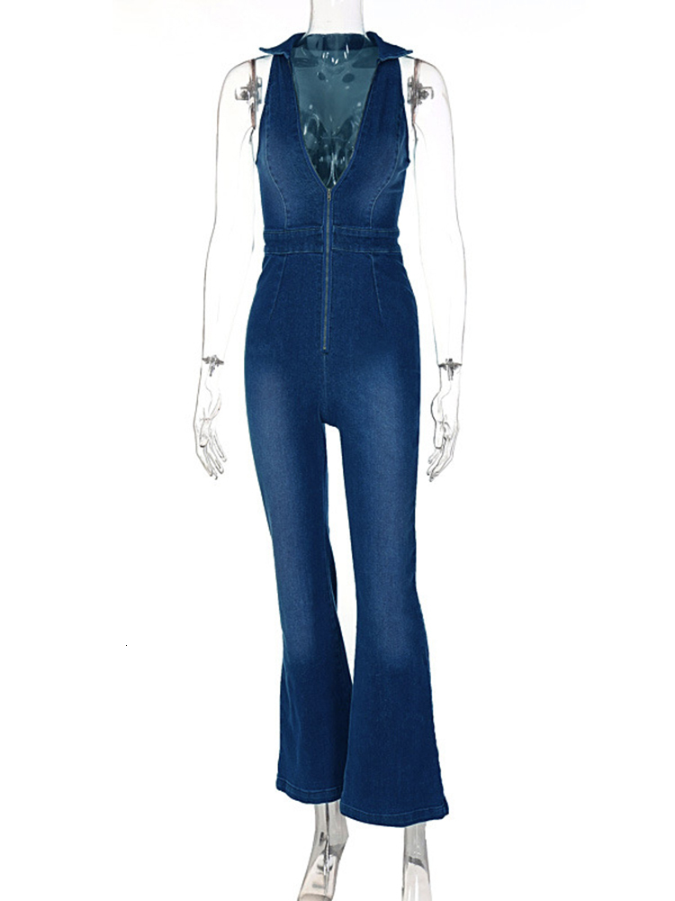 Women's Jumpsuits Rompers Hugcitar Denim Jumpsuit V Neck Zipper Bell Sleeveless Sexy Outifts Elegant Backpacker Party Summer 230829