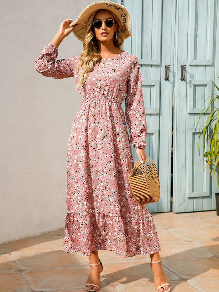 Basic Casual Dresses Elegant Floral Print Women Dress Spring Summer Casual O Neck Long Sleeve Chiffon A Line Long Maxi Dress Party Vestidos 230829