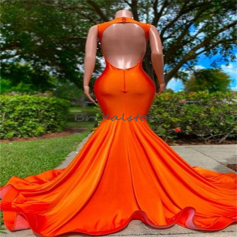 Bright Green Mermaid Evening Dress With Beaded Elegant Open Back Orange Black Girls Prom Dresses 2023 Graduation Birthday Party Aso Ebi Formal Dance R