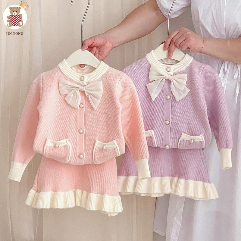Clothing Sets 2023 Autumn Kids Girls Clothes Outfits 2Pcs Single Breastes Solid Coats with Bownot Skirt Child Tracksuit 2 4 6 8Year 230828