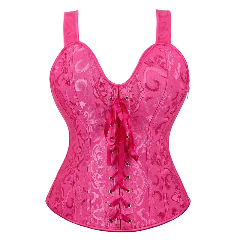 Women Zipper Halterneck Jacquard Overbust Corset Vest Plus Size S-6XL Lingerie Top Body Shaper Sexy Lace Up Plastic Boned Corselet