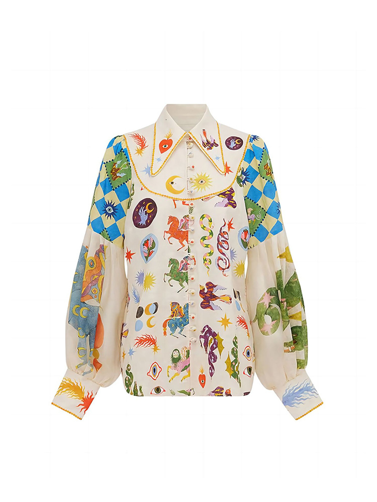 Women's Blouses Shirts Fashion Cartoon Print Shirts For Women Retro Long Lantern Sleeve Blouse Female Elegant Lapel Puff Shirts Hit Color Chic To