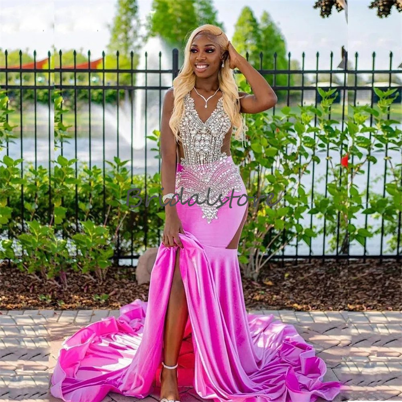 Hot Pink Velvet Mermaid Evening Dress 2023 Aso Ebi Plus Size Black Girls Prom Dress Sexy V Neck Birthday Formal Occasion Dress Engagement Reception Pa