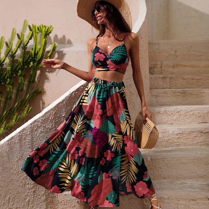 Two Piece Dress Y2K Bikini Crop Tops Long Dress Sexy Set for Women Summer Fashion Two Pieces Skirt Beach Style Floral Print Midi Sexy Boho Sets 230829