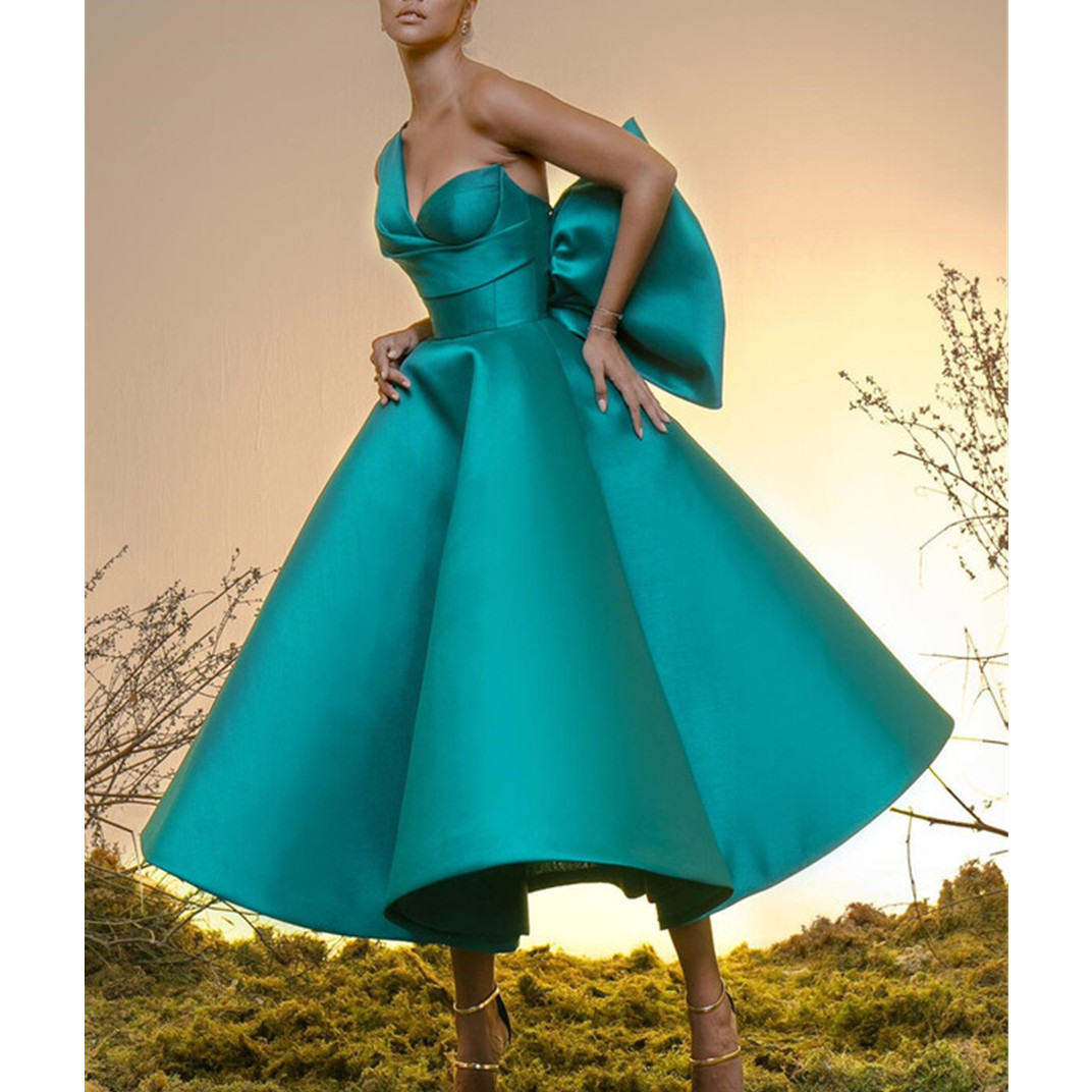 Vintage Short Satin Prom Dresses Tea Length 2023 Plus Size One Shoulder Ball Gown Homecoming Dress With Bow Sexy Evening Gowns Cheap