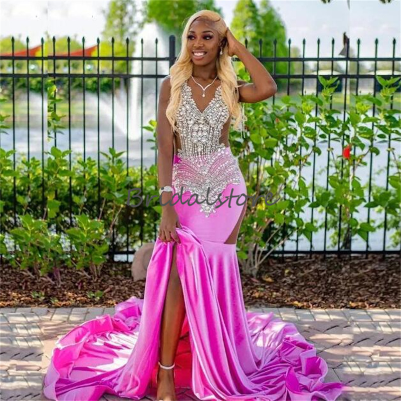 Hot Pink Velvet Mermaid Evening Dress 2023 Aso Ebi Plus Size Black Girls Prom Dress Sexy V Neck Birthday Formal Occasion Dress Engagement Reception Pa