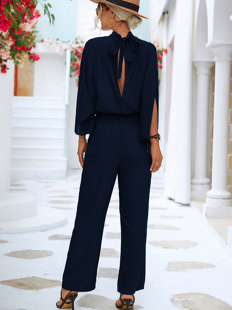 Women's Jumpsuits Rompers Elegant Women Jumpsuits Spring Loose Stand Collar Split Sleeve Office Romper Fashion Black Women Overalls Streetwear Fe