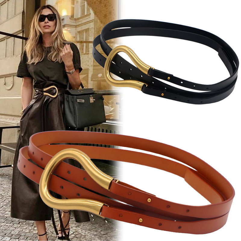 Belts Fashion leather arc metal horseshoe buckle big U belt ladies thin belt soft wear belt ladies high quality watchband 230829