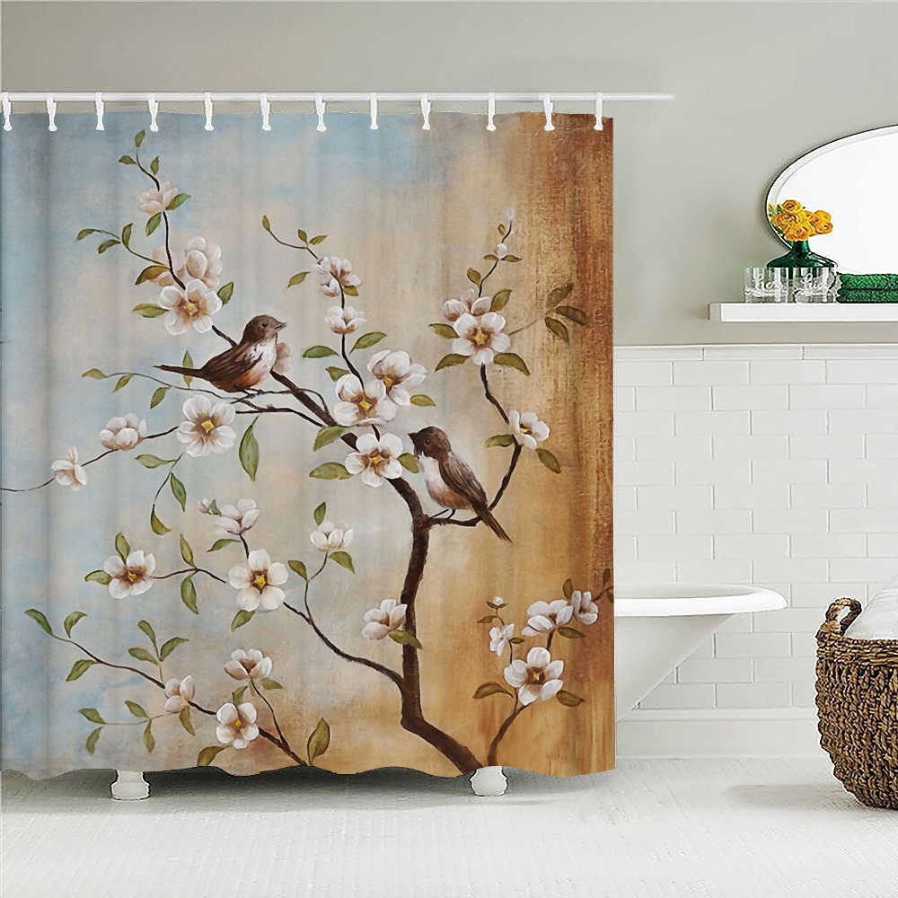 Shower Curtains 3d Printing Chinese Flower Bird Ink landscape Shower Curtain Bathroom Waterproof Bath Curtain With Washable Cloth Decor R230829