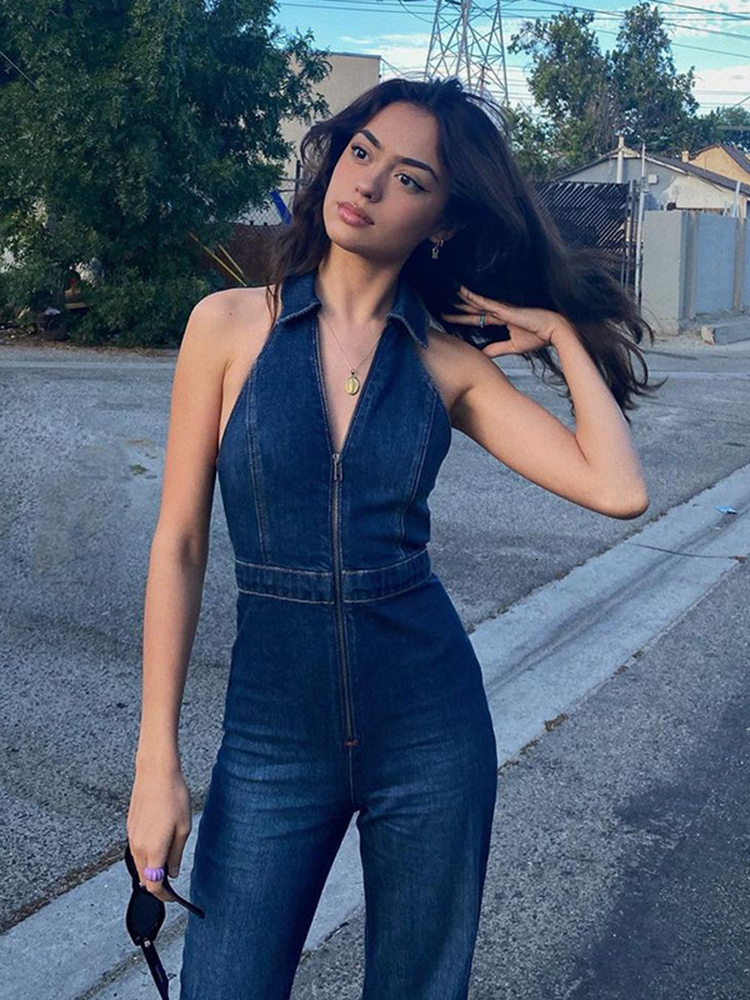 Women's Jumpsuits Rompers Hugcitar Denim Jumpsuit V Neck Zipper Bell Sleeveless Sexy Outifts Elegant Backpacker Party Summer 230829