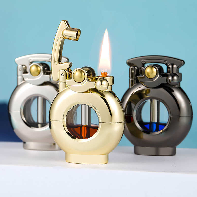 2023 New Creative Metal Windproof Kerosene Lighter Transparent Fuel Tank Rocker Arm Ignition Cool Smoking Men's Gift 67P4 W260202