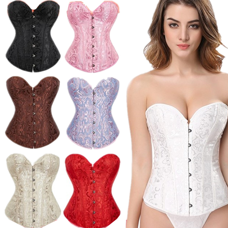 Women Jacquard 12pcs Plastic Boned Overbust White Bridal Corset Back Padded Lingerie Top Body Shaper Lace Up Corselet Plus Size XXS-6XL Pink White Red