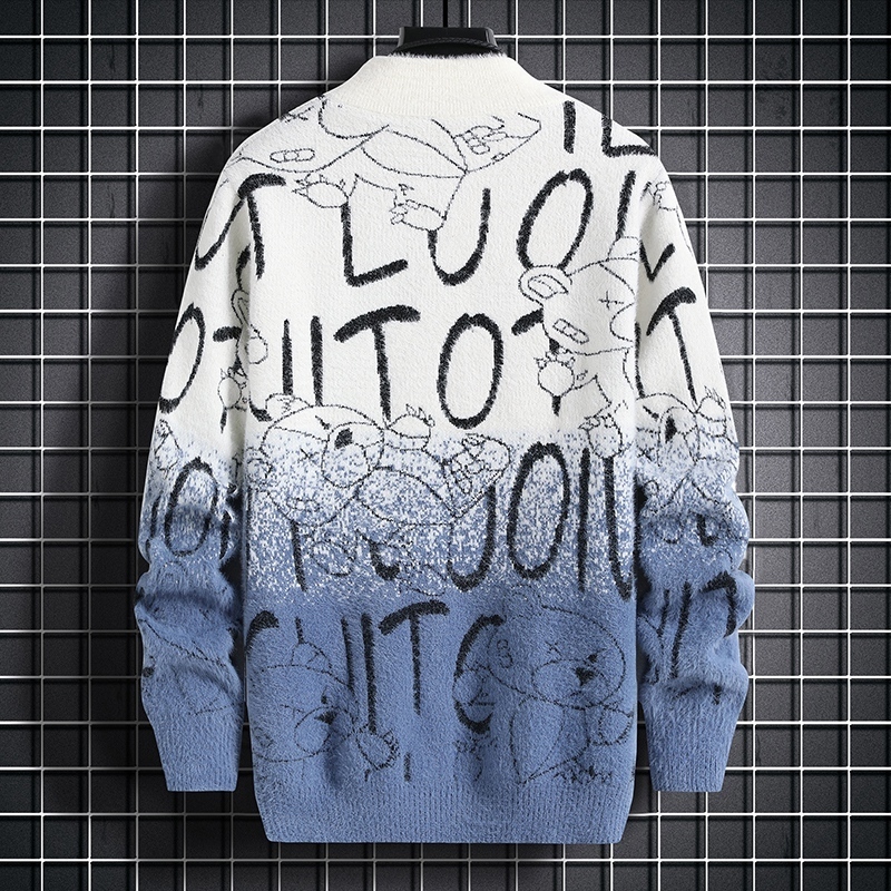 Men's Sweaters Harajuku Sweater Men's Y2K Knitted Letter Printing Sweater Men's Wool Pullover Men's Retro Knitted Color Block Tops