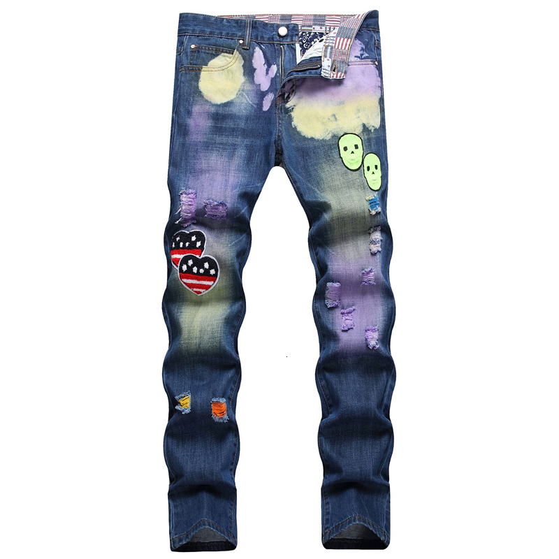 Men s Jeans Europe United States Slim Stretch Fashion Hole Pasted Cloth Printing Hip Hop Denim Motorcycle Streetwear 230829