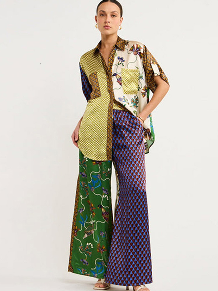 Women's Two Piece Pants Birds Flower Printed Shirts Pants 2 Pieces Set Women Short Sleeve Lapel Single Breasted Top And Wide Leg Pants Suit Summe