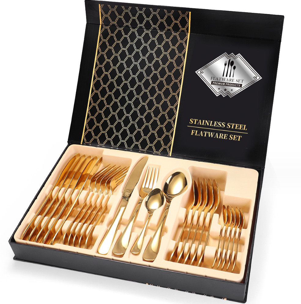 The latest 24-piece tableware set wooden box stainless steel tableware, many styles to choose from, any logo can be customized
