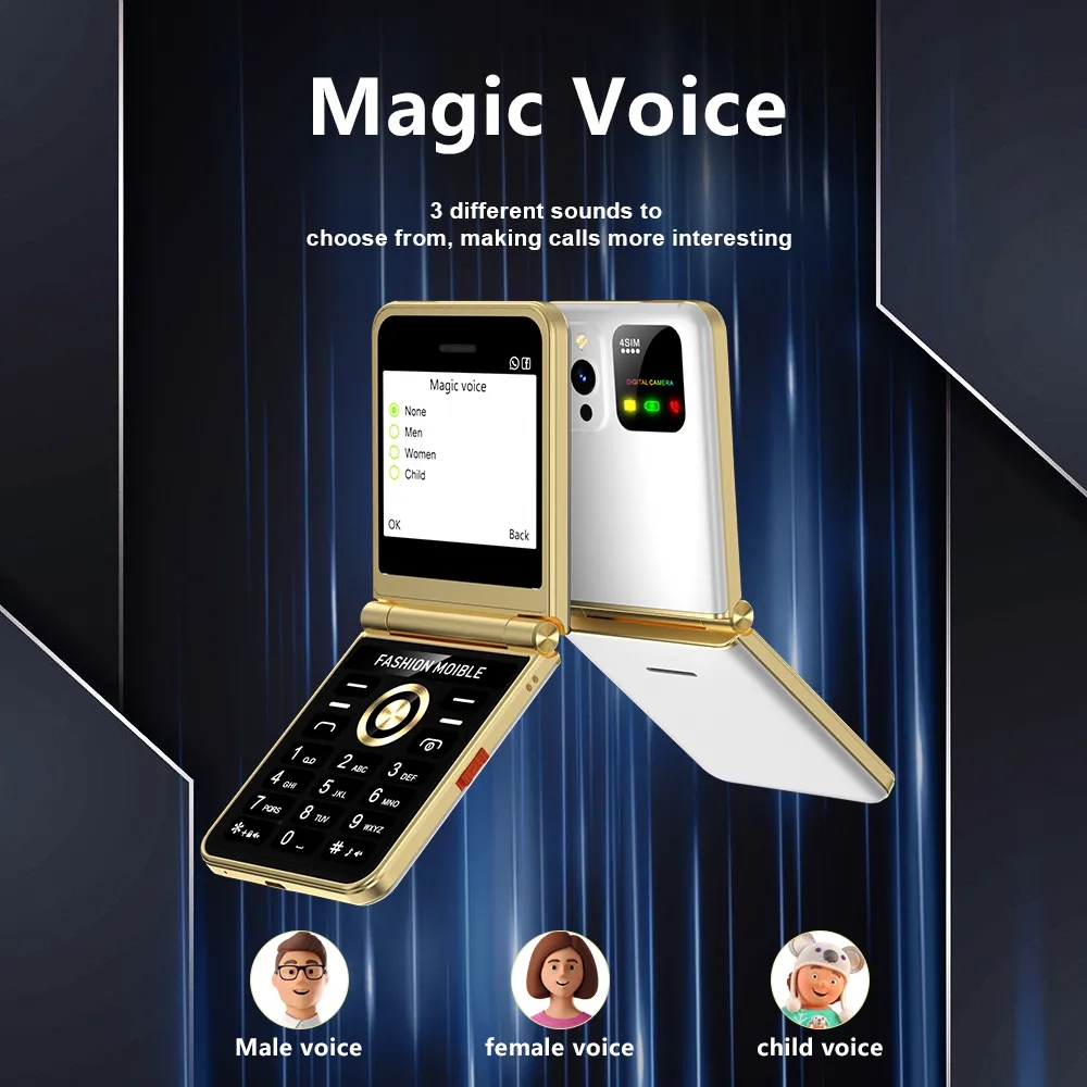 New Classic Flip Mobile Phone 2.4 Inch Screen 2G GSM 4 SIM Card Speed Dial Magic Voice LED Flashlight Backup Cellphone