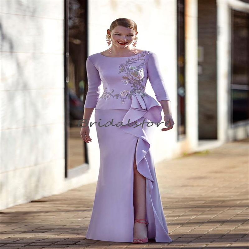 Graceful Lilac Mermaid Evening Dress 2023 Appliques Ruffles Long Sleeve Silk Satin Prom Dress With Slit Backless Formal Occasion Vestidos De Fiesta Pa