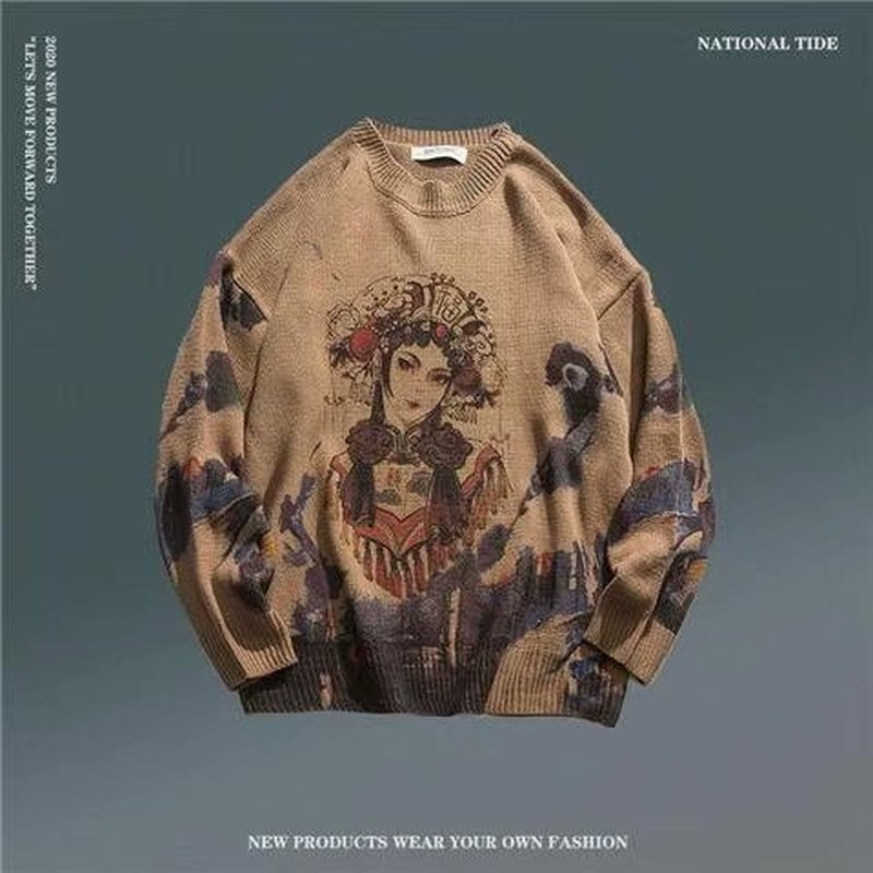 Men's Sweaters Autumn Chinese Style Printed Dyed Pullover Sweater Loose Retro National Beijing Opera Top Couple Unisex Jumpers Streetwear 230828