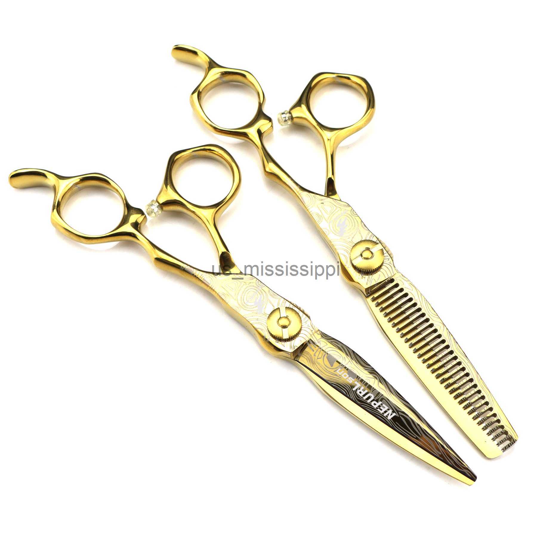 Scissors Shears Gold Steel Damascus 440c Professional barber tools Hairdressing salon hair cutting thinning shears set of 60 inch hair scissors x0829