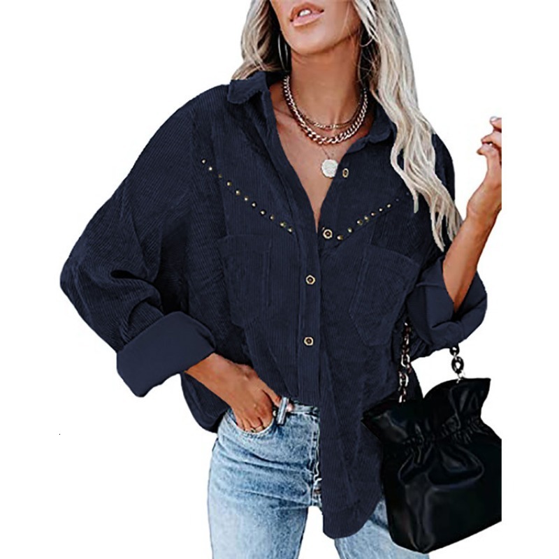 Women's Jackets Women Retro Corduroy Solid Outerwear Casual Single Breasted Long Sleeve Shirt Fashion Lapel Willow Studded Loose Cardigan Jacket 
