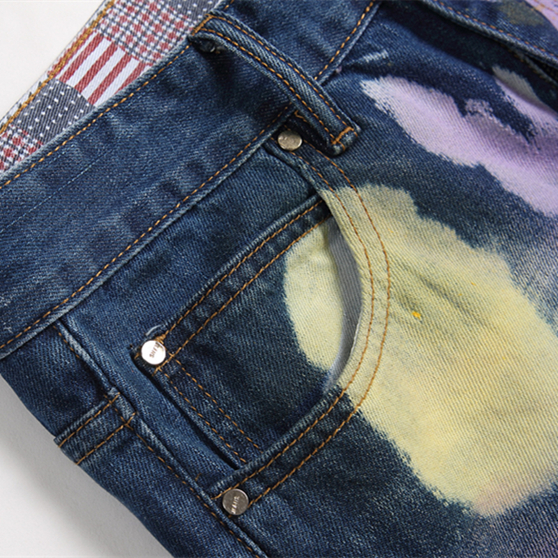 Men s Jeans Europe United States Slim Stretch Fashion Hole Pasted Cloth Printing Hip Hop Denim Motorcycle Streetwear 230829