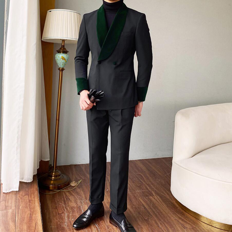 Grey Double Breasted Mens Wedding Tuxedos Green Shawl Lapel 2 Pieces Cotumes Pour Hommes Business Customize Terno Masculinos