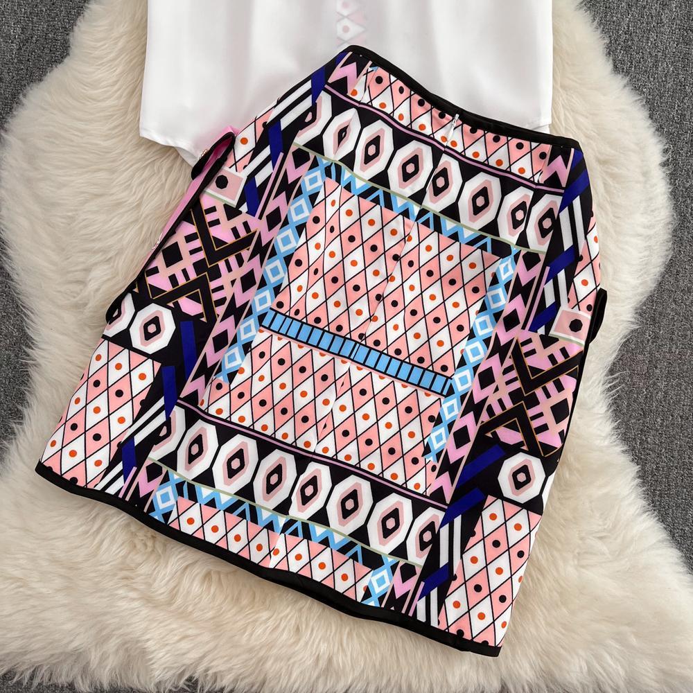 Two Piece Dress Summer Fashion Runway Skirt Suit Women's Short Sleeve Horse Geometry Print Blouse A Line Pocket Mini Skirt 2 Two Piece Set 230829