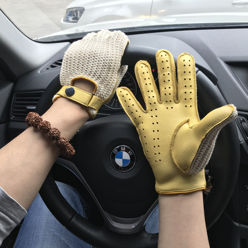 Mittens Mens Goatskin Leather Gloves Back Knitted Lambskin Unlined NonSlip Motorcycle Driving Male 230828