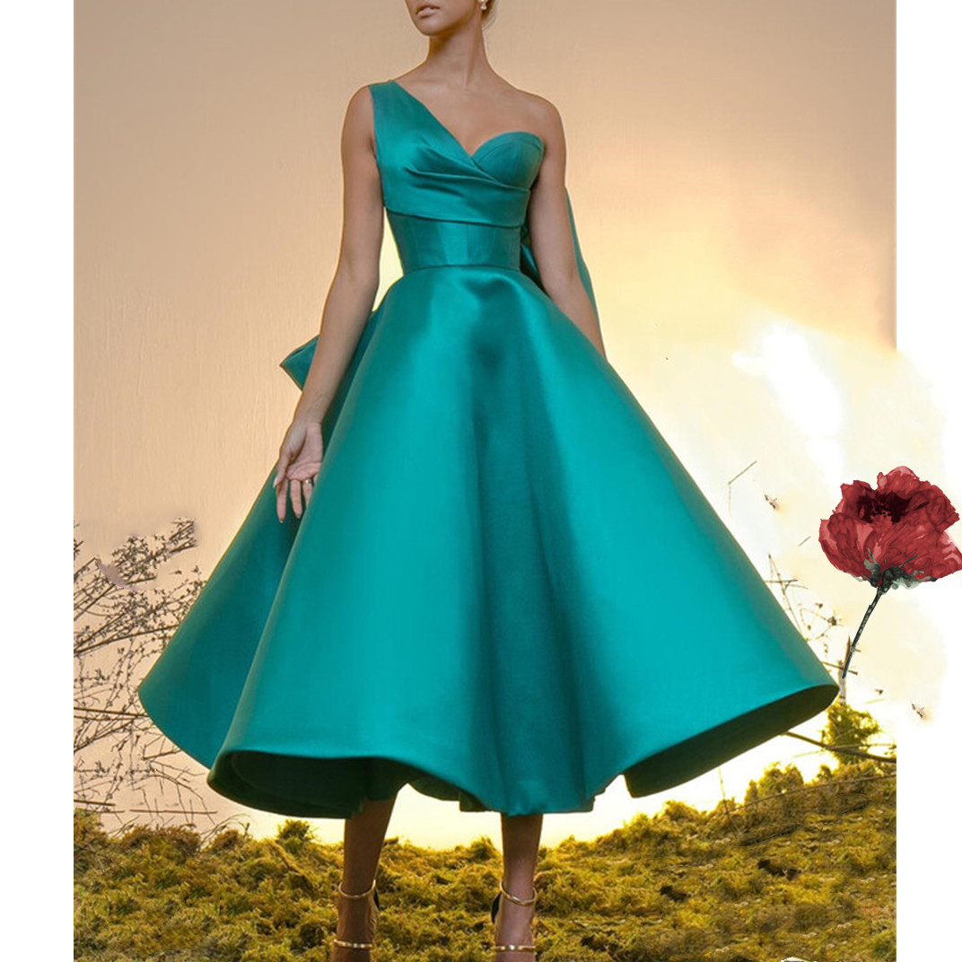 Vintage Short Satin Prom Dresses Tea Length 2023 Plus Size One Shoulder Ball Gown Homecoming Dress With Bow Sexy Evening Gowns Cheap