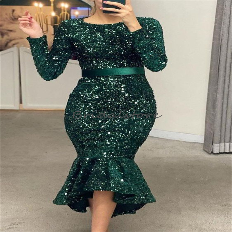 Sparkle Green Sequin Evening Dress Chic Long Sleeve Mermaid Prom Dress 2023 Sexy Cocktail Party Wear Fashion Women Homecoming Birthday Gillter Arabic 