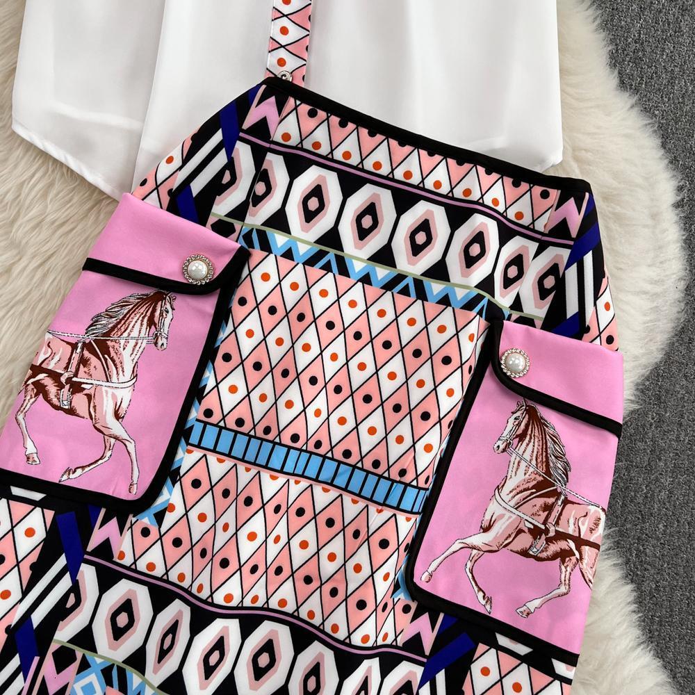 Two Piece Dress Summer Fashion Runway Skirt Suit Women's Short Sleeve Horse Geometry Print Blouse A Line Pocket Mini Skirt 2 Two Piece Set 230829