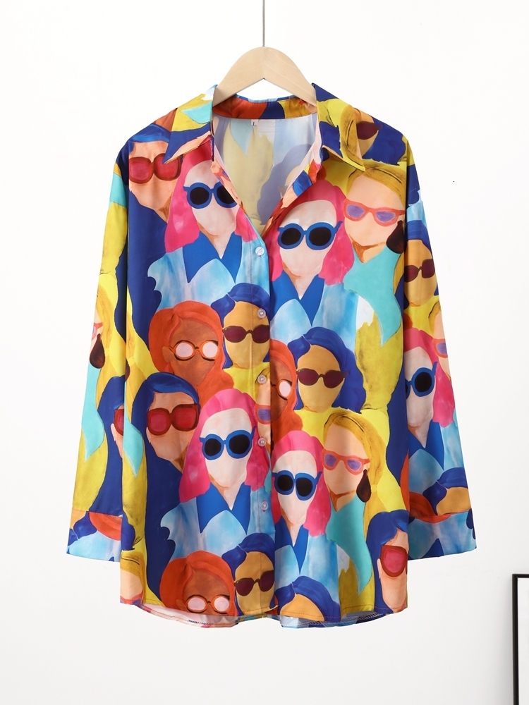 Women's Blouses Shirts Cartoon Character Avatar Print Women Shirt Fashion Single Breasted Lapel Spring Female Shirts Chic Long Sleeve Street Tops