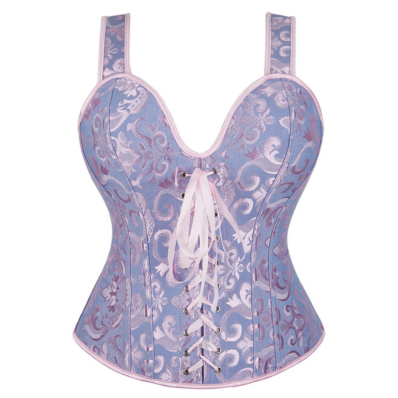 Women Zipper Halterneck Jacquard Overbust Corset Vest Plus Size S-6XL Lingerie Top Body Shaper Sexy Lace Up Plastic Boned Corselet