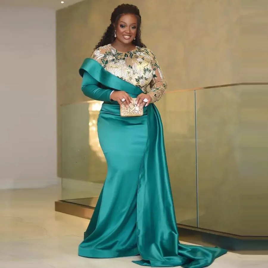 Africa Teal Plus Size Mother of the Bride Dresses Long Sleeve Appliqued Pleats Mermaid Mothers Dress For Weddings Elegant Formal Prom Dresses